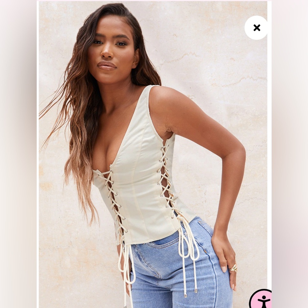 Prettylittlething Cream Woven Lace Up Detail Plunge Sleeveless Top